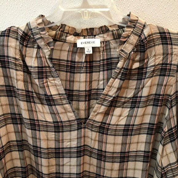 Evereve Womens Large Tan Plaid Long Sleeve V Neck Pullover Shirt Blouse Top Sz L - Picture 5 of 10
